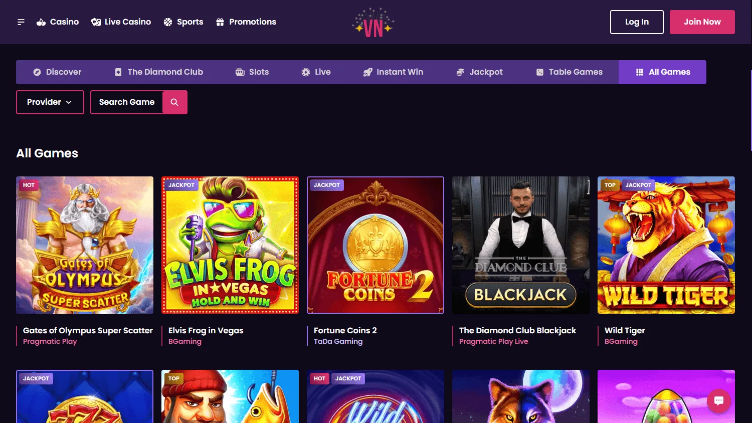 Vegas Now Casino desktop games selection with pokies and casino categories