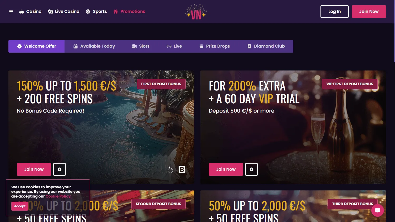 Vegas Now Casino desktop promotions selection with recurring offers
