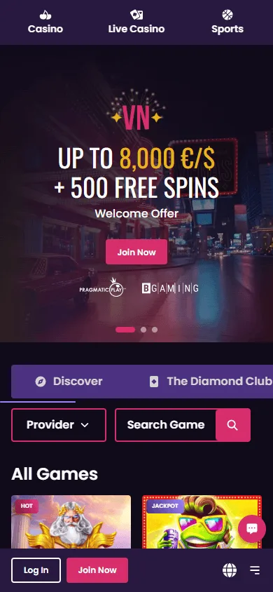 Vegas Now Casino mobile games selection on a smartphone