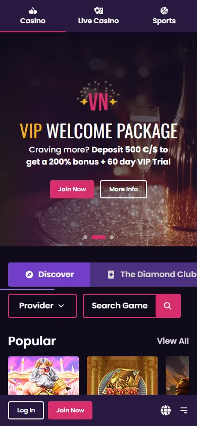 Vegas Now Casino mobile home experience on a smartphone