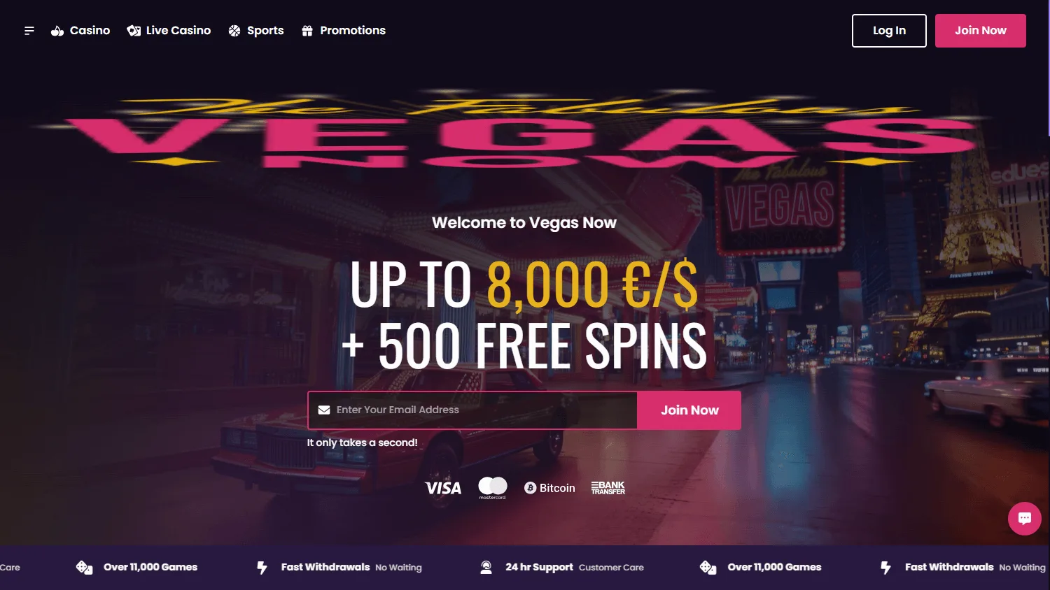 Vegas Now Casino desktop home experience with casino and betting options